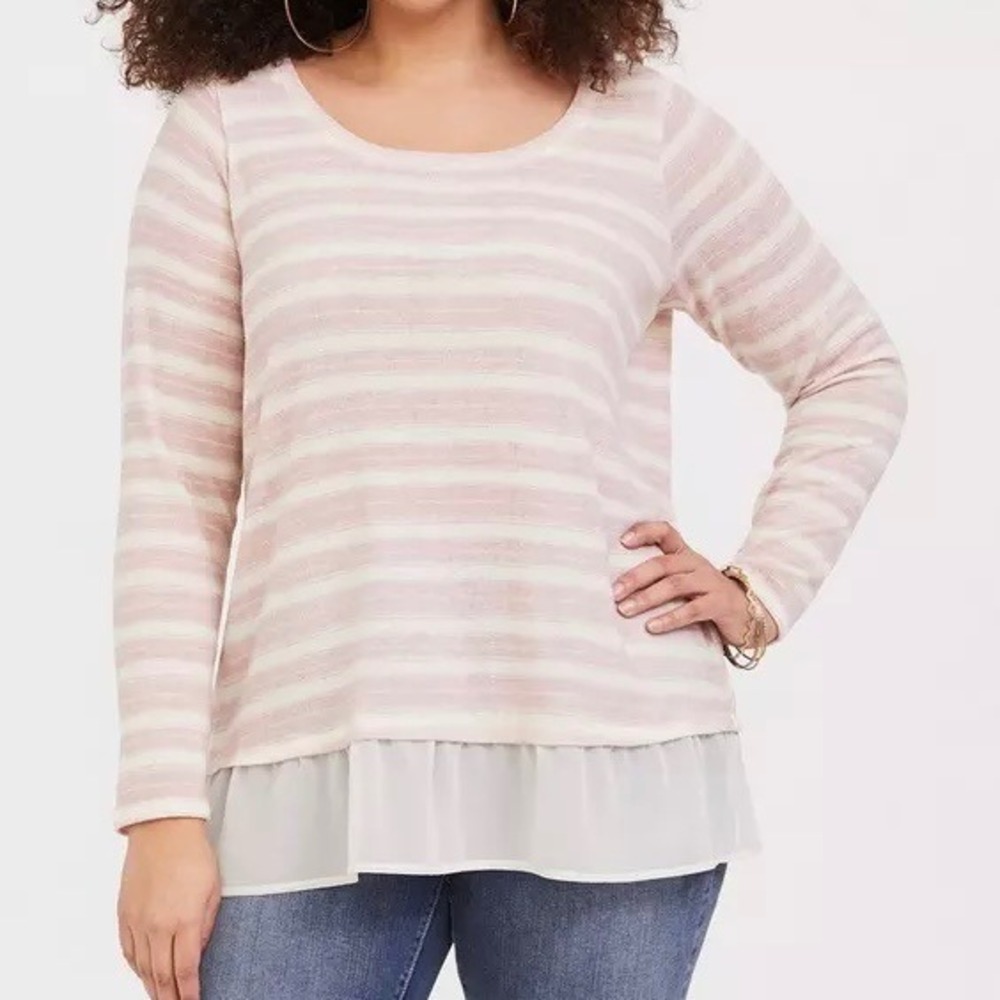 Torrid Pink White Striped Long Sleeve Layered Chiffon Hem Sweater‎ Top Size 1 1X